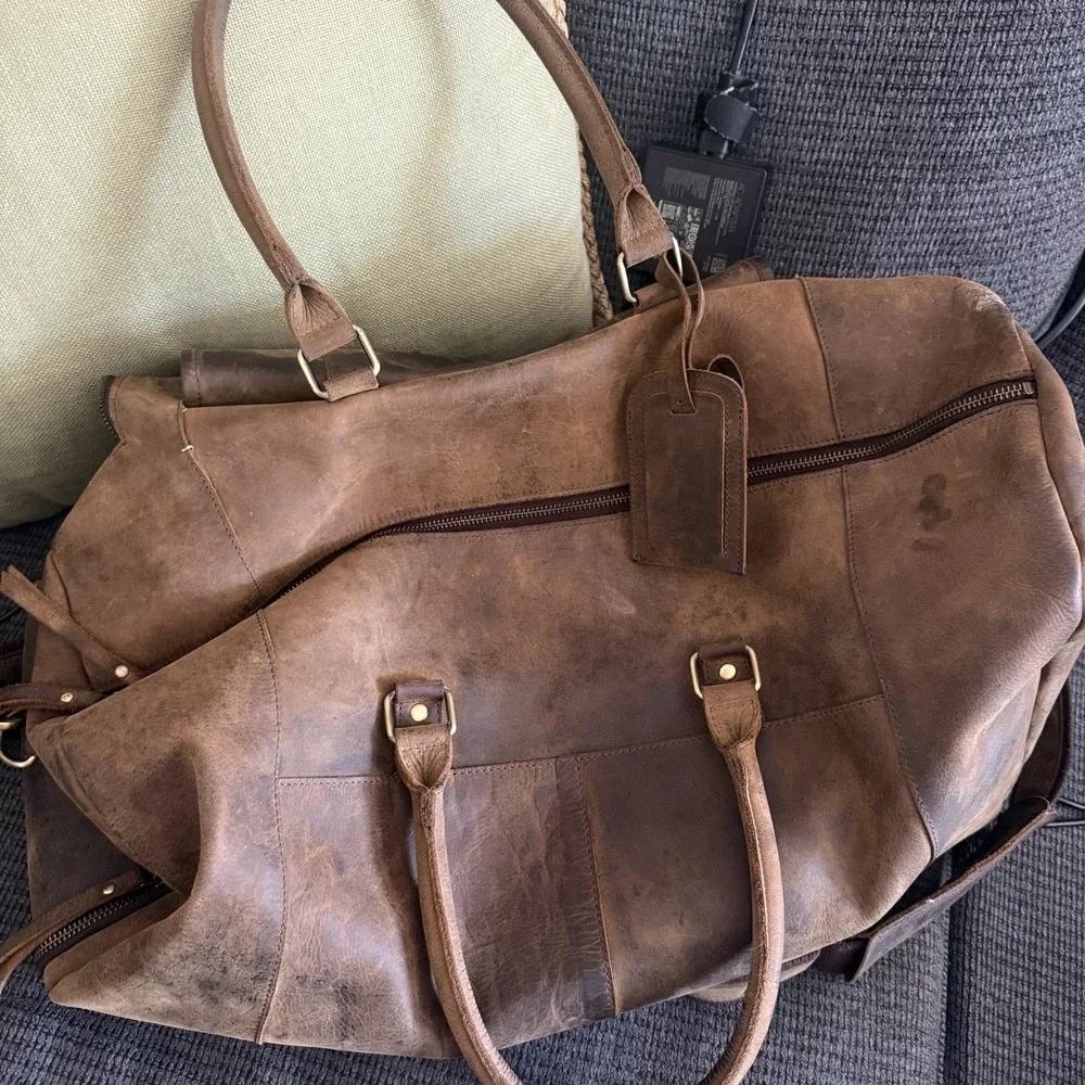 KomalC Distressed Brown Buffalo Leather Large Duffel Weekender Bag Shoe Comp
